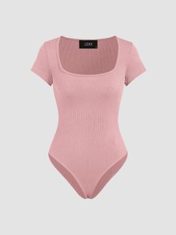 Cider - Pink Solid Square Neck Short Sleeve Bodysuit