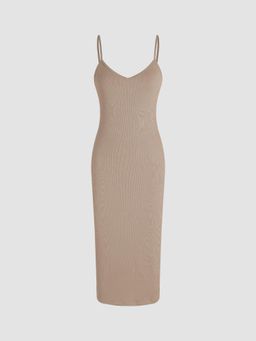 Cider - Khaki Solid Shoulder Strap Neck Cami Midi Dress