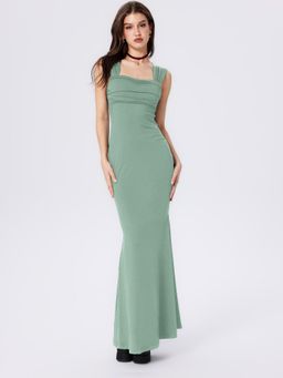 Cider - Green Solid Ruched Square Neckline Ruffle Maxi Dress