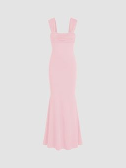 Cider - Pink Solid Ruched Square Neckline Ruffle Maxi Dress