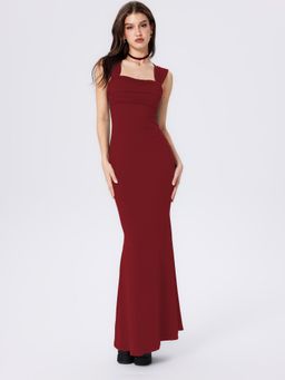 Cider - Wine Solid Ruched Square Neckline Ruffle Maxi Dress