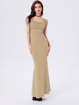Cider - Tan Solid Ruched Square Neckline Ruffle Maxi Dress