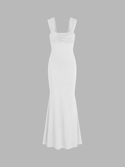 Cider - White Solid Ruched Square Neckline Ruffle Maxi Dress