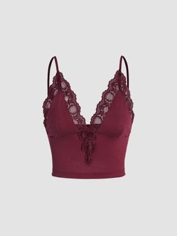 Cider - Wine Satin Lace Shoulder Strap Cami Crop Top