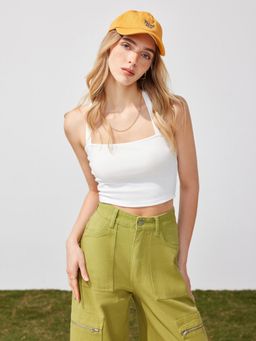Cider - White Solid Halter Knotted Cami Crop Top