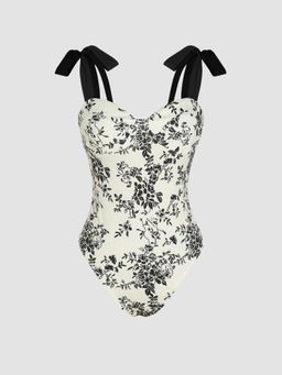 Cider - Beige Floral Printed Knotted Bodysuit