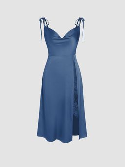 Cider - Navy Blue Satin Cowl Neck Lace Split Cami Midi Dress