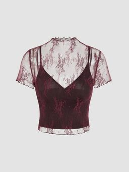 Cider - Red High Neck Lace Floral Top with Solid Crop Cami (Set of 2)