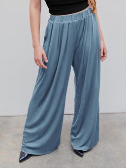 Cider - Blue Solid Elastic Waist Wide Leg Pant