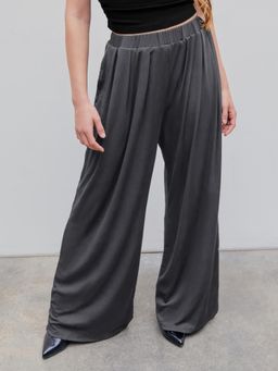 Cider - Grey Solid Elastic Waist Wide Leg Pant