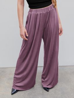 Cider - Purple Solid Elastic Waist Wide Leg Pant