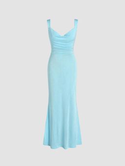Cider - Sky Blue Solid Cowl Neck Ruffle Maxi Dress