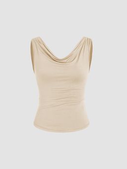 Cider - Beige Solid Cowl Neck Tank Top