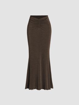 Cider - Brown Solid Lettuce Hem Mermaid Maxi Skirt
