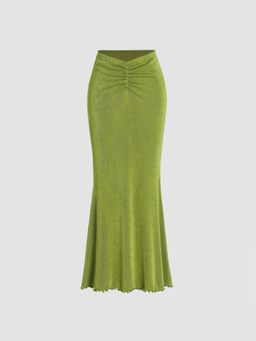 Cider - Green Solid Lettuce Hem Mermaid Maxi Skirt