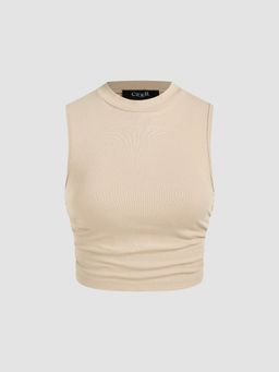 Cider - Beige Round Neckline Solid Sleeveless Ruched Crop Top