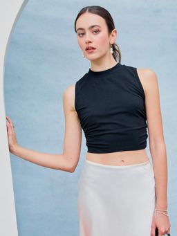 Cider - Black Round Neckline Solid Sleeveless Ruched Crop Top