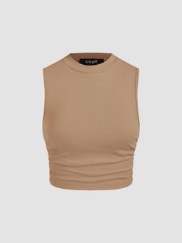 Cider - Tan Round Neckline Solid Sleeveless Ruched Crop Top