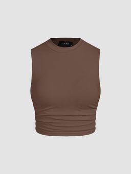 Cider - Brown Round Neckline Solid Sleeveless Ruched Crop Top