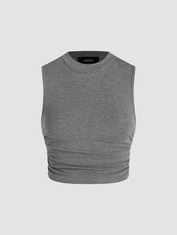 Cider - Grey Round Neckline Solid Sleeveless Ruched Crop Top