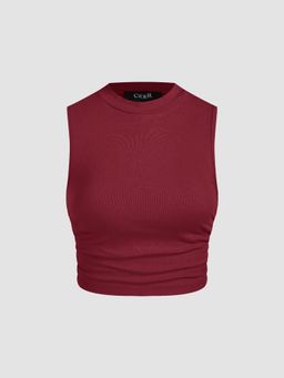 Cider - Wine Round Neckline Solid Sleeveless Ruched Crop Top