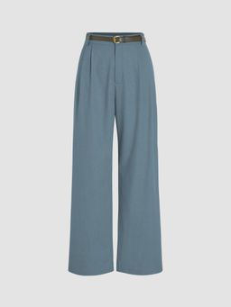Cider - Blue Linen Blend Solid Wide Leg Pant with Belt (Set of 2)