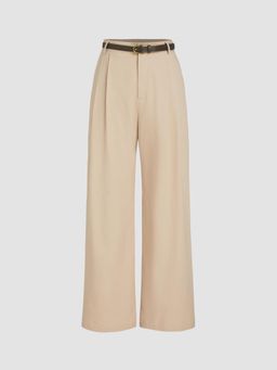 Cider - Khaki Linen Blend Solid Wide Leg Pant with Belt (Set of 2)