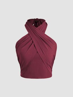 Cider - Wine Cross Halter Shirred Back Crop Top