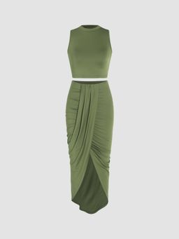 Cider - Green Jersey Crop Tank Top and Ruched Maxi Skirt (Set of 2)