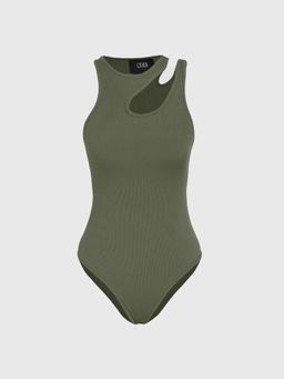 Cider - Green Sleeveless Asymmetrical Neck Solid Bodysuit