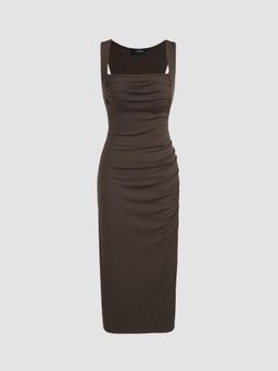 Cider - Brown Square Neck Ruched Sleeveless Midi Dress
