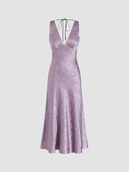 Cider - Purple Satin Floral V-Neck Knotted Ruffle Maxi Dress