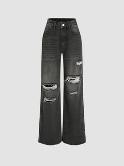 Cider - Grey High Waist Ripped Straight Leg Jeans