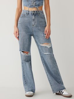 Cider - Blue High Waist Ripped Straight Leg Jeans