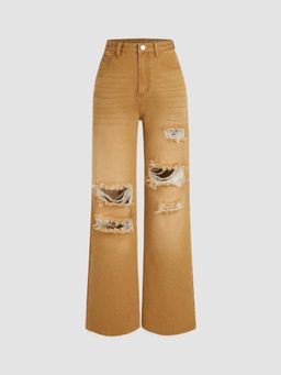 Cider - Khaki High Waist Ripped Straight Leg Jeans