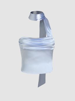 Cider - Blue Satin High Neck Ruched Crop Top