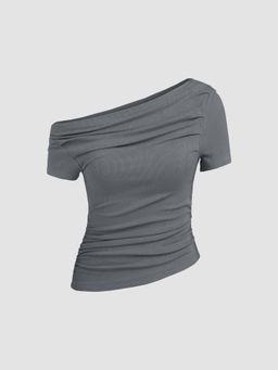 Cider - Grey Asymmetrical Neck Ruched Short Sleeve Top