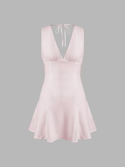 Cider - Pink V-Neck Ruffle Knotted Mini Dress