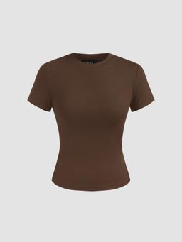 Cider - Brown Round Neckline Knit Short Sleeve Tee