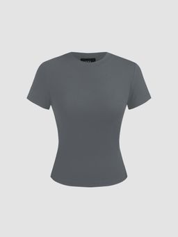 Cider - Grey Round Neckline Knit Short Sleeve Tee