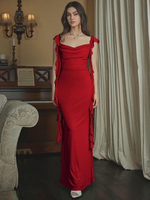 Buy Cider Red Mesh Ruffle Hem Maxi Dress (L) Online