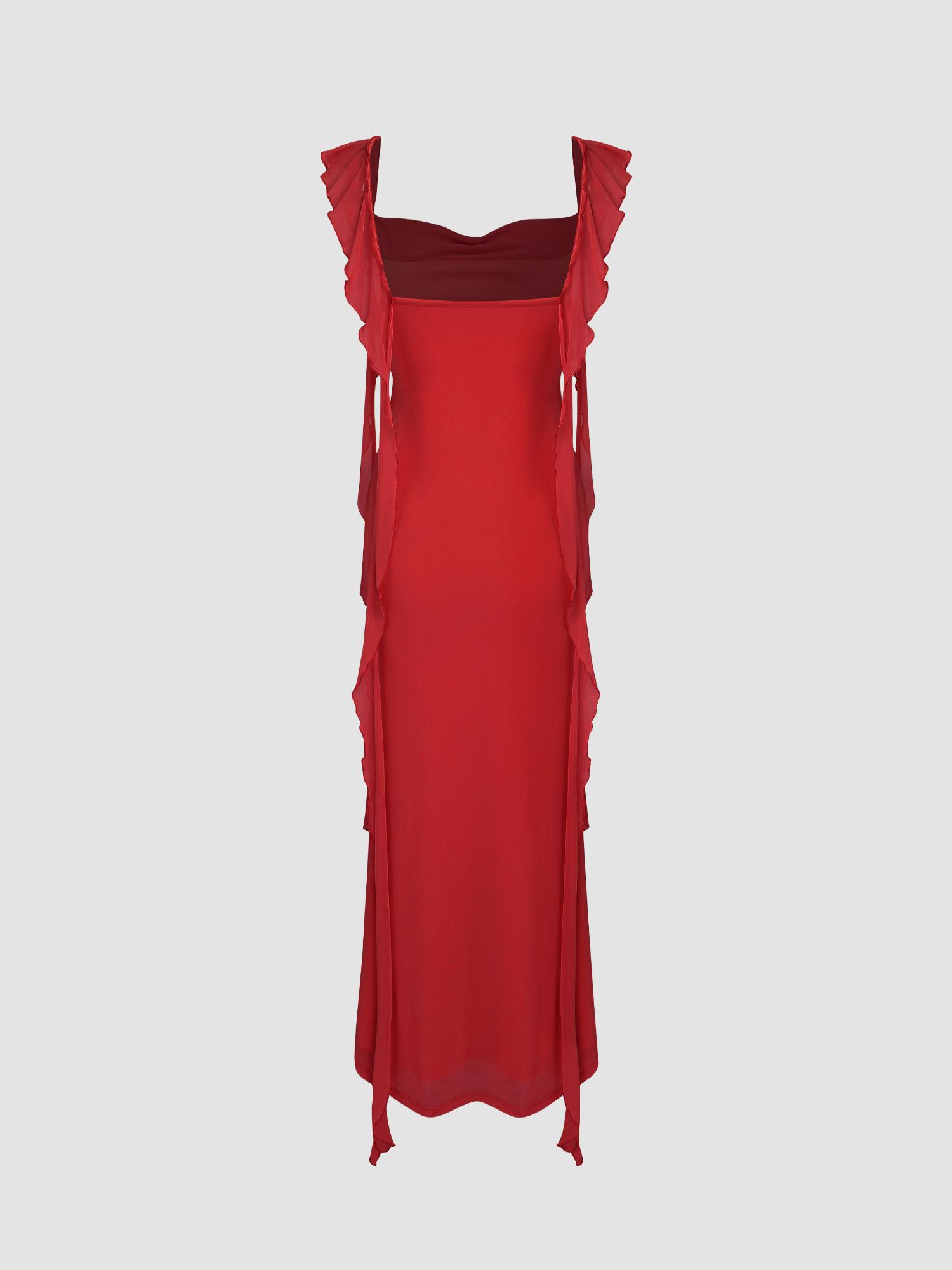 Buy Cider Red Mesh Ruffle Hem Maxi Dress (L) Online