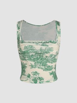 Cider - Green Toile De Jouy Square Neck Tank Top