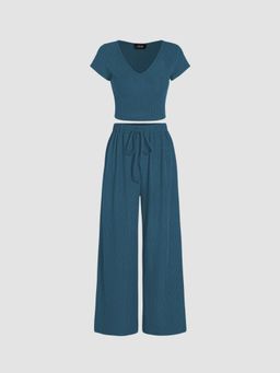Cider - Blue V-Neck Short Sleeve Crop Tee and Knotted Wide Leg Pant (Set of 2)