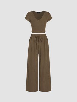 Cider - Brown V-Neck Short Sleeve Crop Tee and Knotted Wide Leg Pant (Set of 2)