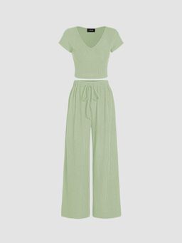 Cider - Green V-Neck Short Sleeve Crop Tee and Knotted Wide Leg Pant (Set of 2)
