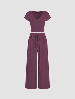 Cider - Purple V-Neck Short Sleeve Crop Tee and Knotted Wide Leg Pant (Set of 2)