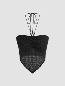 Cider - Black Halter Ruched Knotted Tank Crop Top