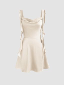Cider - Beige Satin Ruched Ruffle Hem Mini Dress