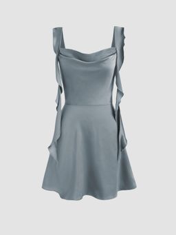 Cider - Blue Satin Ruched Ruffle Hem Mini Dress